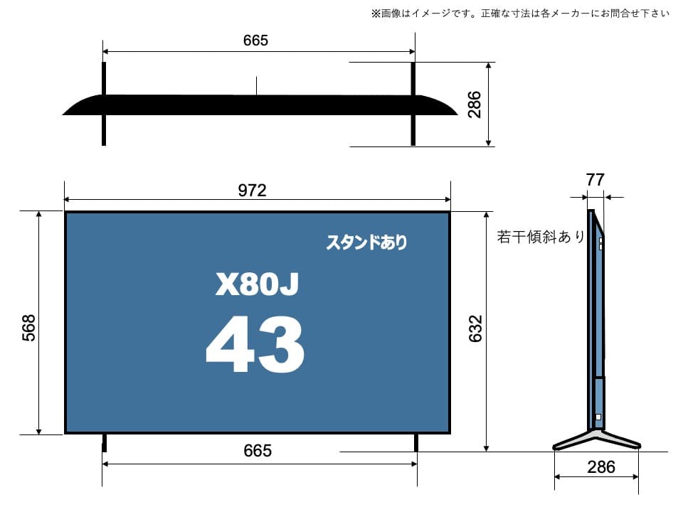 XJ-43X80Jのサイズイメージを解説したオリジナル画像