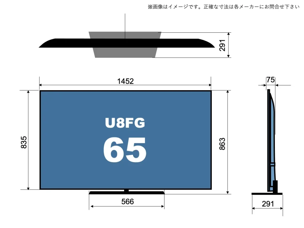 65U8FGのサイズイメージを解説したオリジナル画像