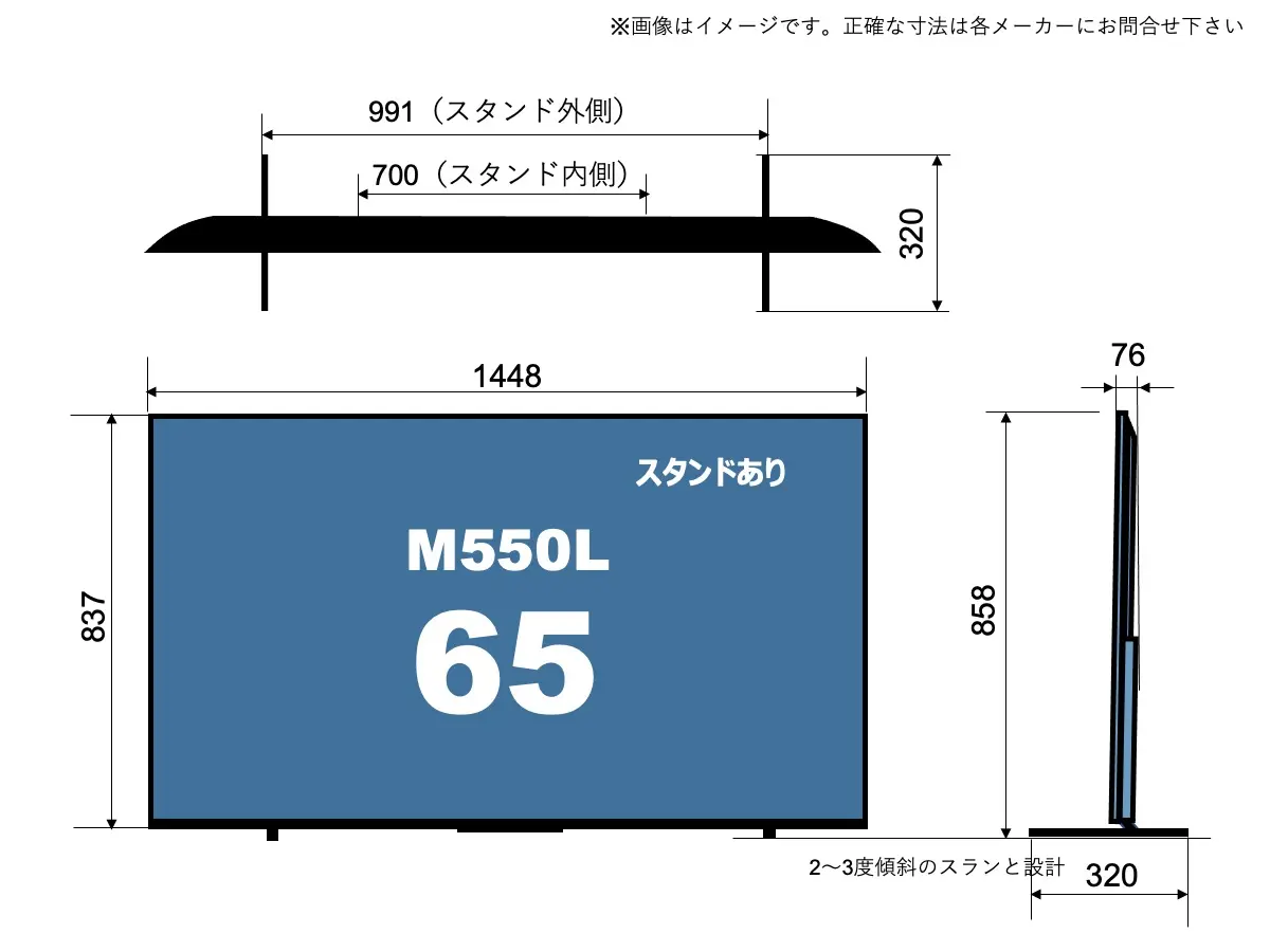東芝(TVS)4K液晶レグザ 65M550L(M550L 65v型)のサイズイメージを解説したオリジナル画像