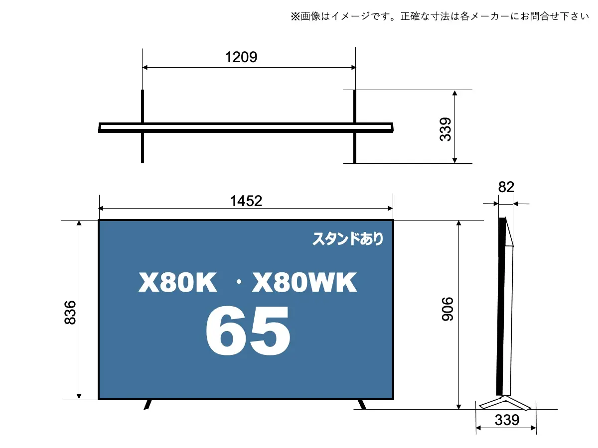 XJ-65X80KとXJ-65X80WKのサイズイメージを解説したオリジナル画像