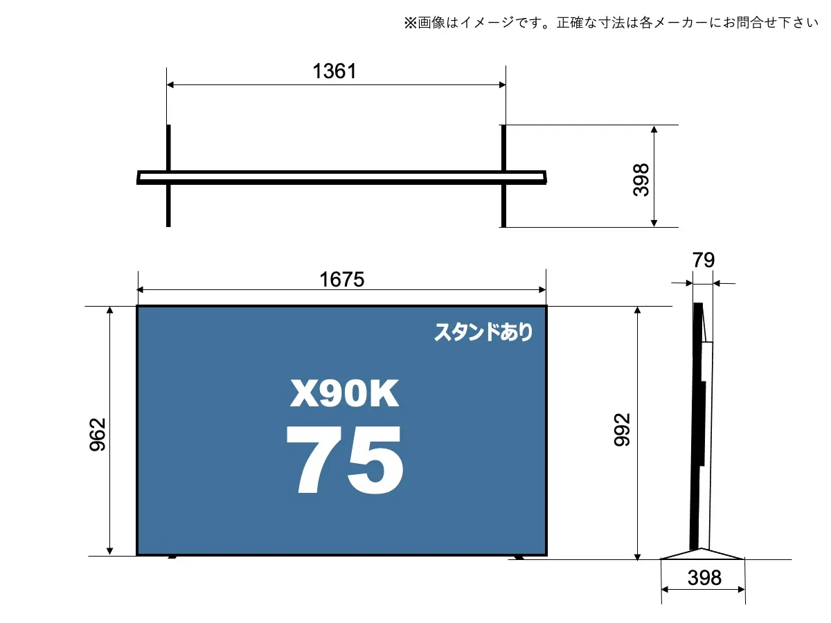 XRJ-75X90Kのサイズイメージを解説したオリジナル画像