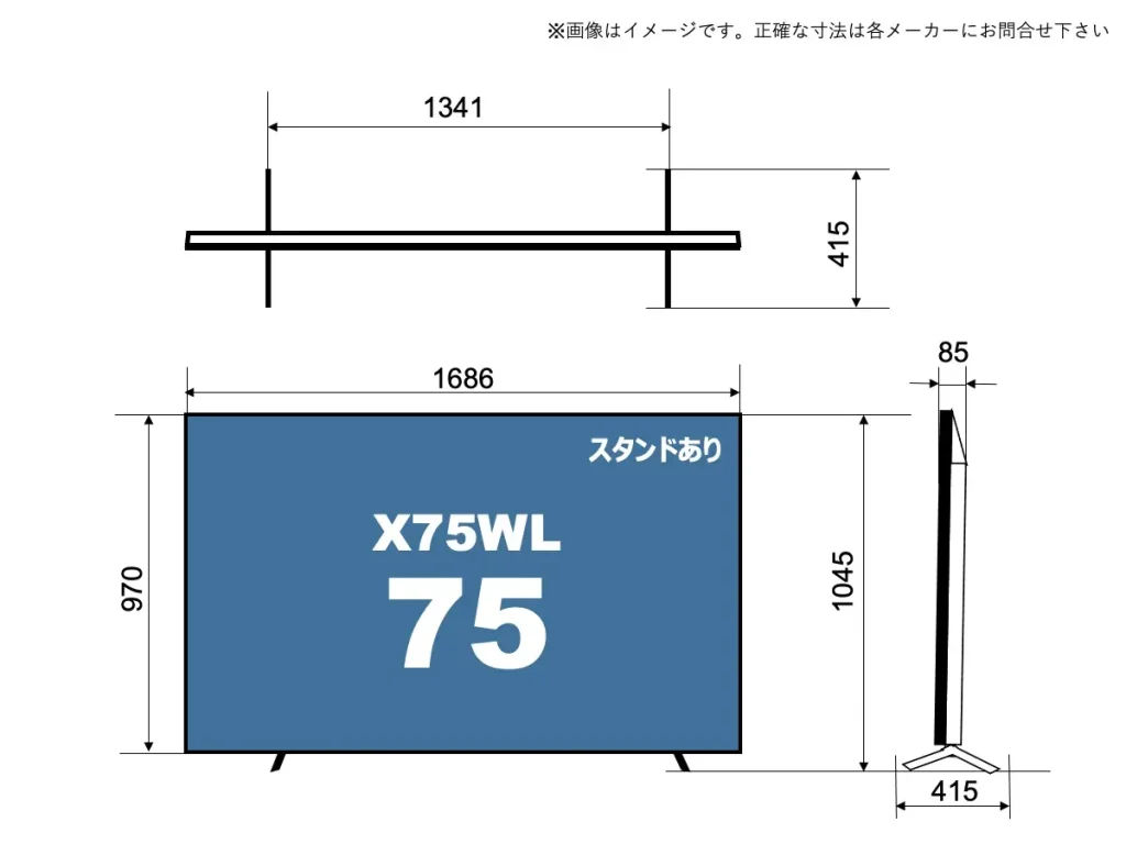 ソニーブラビアXJ-75X75WLのサイズイメージを解説したオリジナル画像