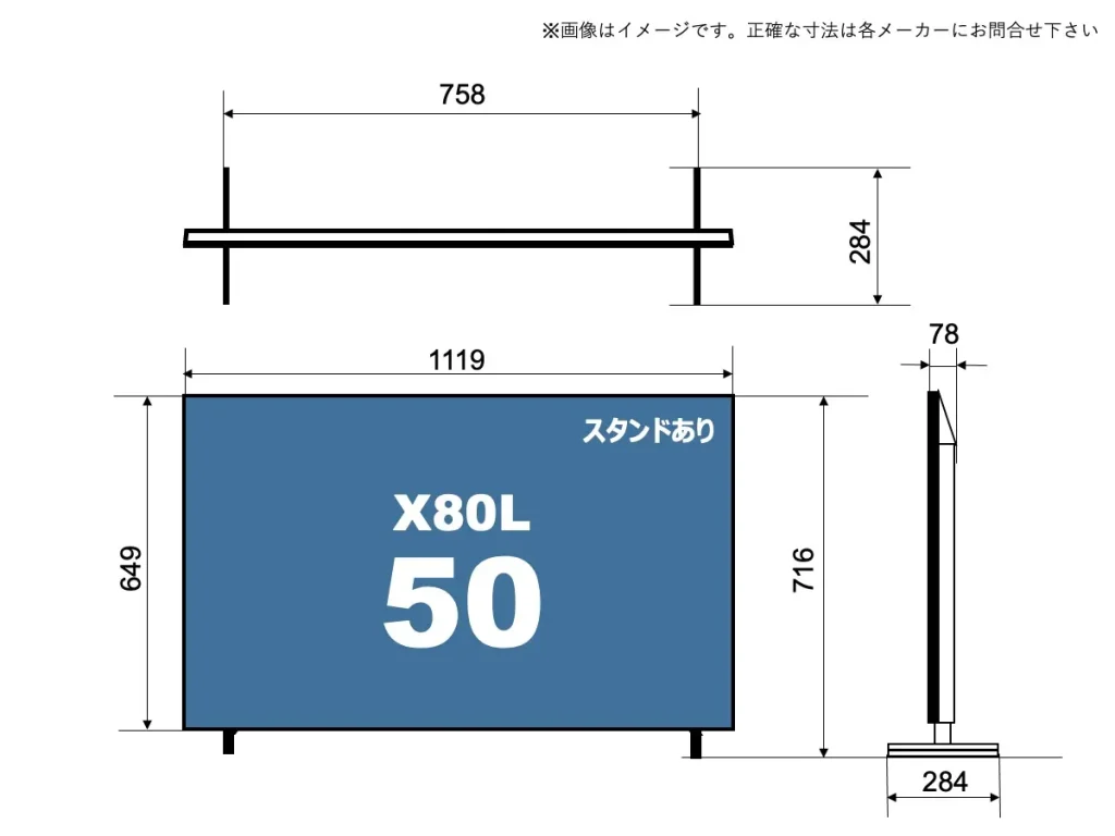 ソニーブラビアXJ-50X80Lのサイズイメージを解説したオリジナル画像
